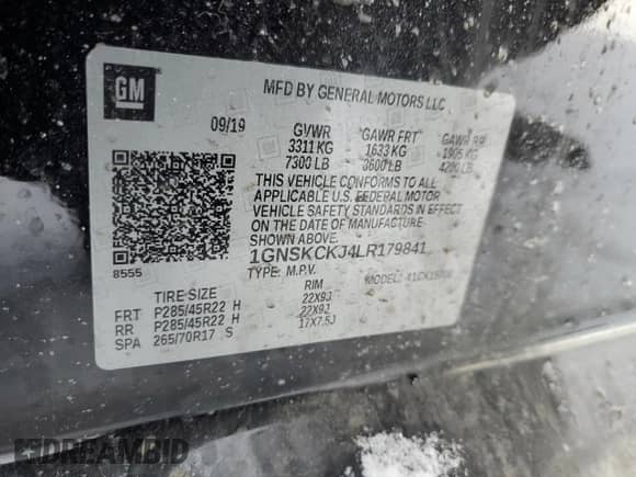 2020 Chevrolet Tahoe Premier with VIN 1GNSKCKJ4LR179841, listed as a Copart auction lot 44965595 with 97,103 mi miles and Salvage title. Bid and sale history available at DreamBid. Image 15.