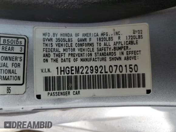 ✅ 2002 Honda Civic EX • VIN: 1HGEM22992L070150 • Лот: 69702895. Опубликован ранее на Copart с пробегом 200 589 миль. Бесплатный доступ к архиву аукционных продаж из США и подробный отчёт об истории автомобиля на DreamBid. Изображение 12.
