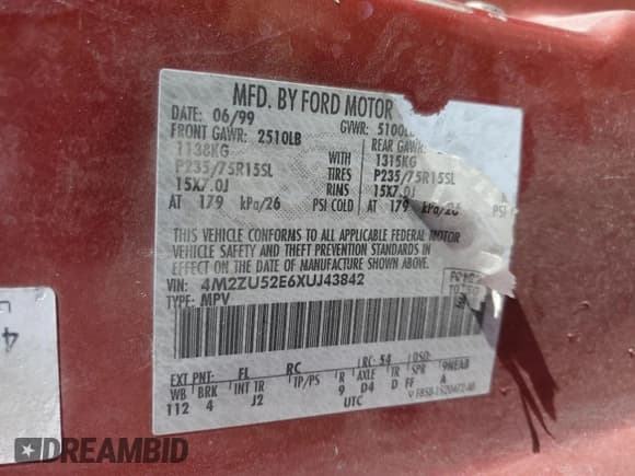 ✅ 1999 Mercury Mountaineer • VIN: 4M2ZU52E6XUJ43842 • Lot: 88141505. Listed on Copart with 194,187 mi. Free auction sales archive from the USA and detailed vehicle history report at DreamBid. Image 13.