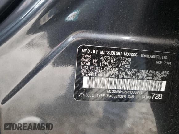 ✅ 2024 Mitsubishi Mirage Black Edition • VIN: ML32AWHJ8RH036221 • Lot: 91677465. Listed on Copart with 3,836 mi. Free auction sales archive from the USA and detailed vehicle history report at DreamBid. Image 12.