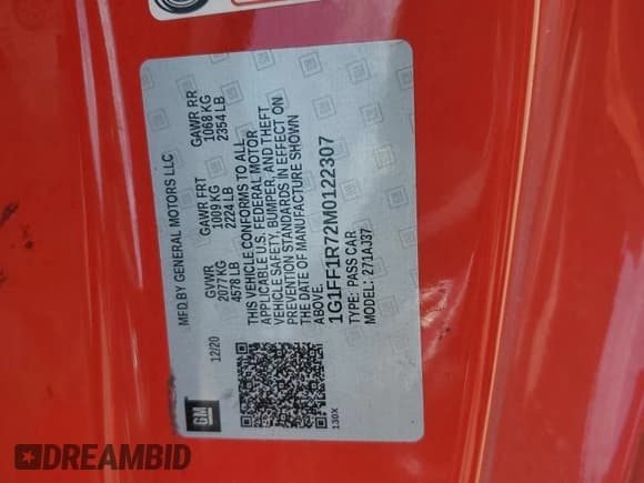 ✅ 2021 Chevrolet Camaro LT1 • VIN: 1G1FF1R72M0122307 • Lot: 68194615. Listed on Copart with 23,482 mi. Free auction sales archive from the USA and detailed vehicle history report at DreamBid. Image 12.