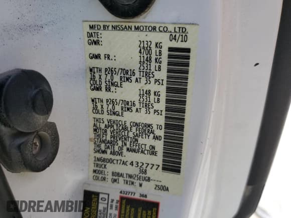 ✅ 2010 Nissan Frontier SE • VIN: 1N6BD0CT7AC432777 • Lot: 90121435. Listed on Copart with 170,881 mi. Free auction sales archive from the USA and detailed vehicle history report at DreamBid. Image 12.