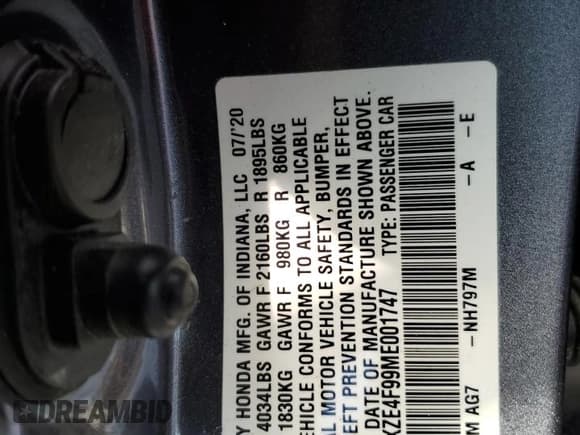 ✅ 2021 Honda Insight Touring • VIN: 19XZE4F99ME001747 • Лот: 64419065. Опубликован ранее на Copart с пробегом 49 667 миль. Бесплатный доступ к архиву аукционных продаж из США и подробный отчёт об истории автомобиля на DreamBid. Изображение 13.