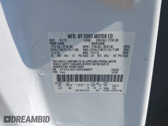 ✅ 2013 Ford F-150 XL • VIN: 1FTFX1EF1DKE99877 • Lot: 42983321. Listed on IAAI with Not provided. Free auction sales archive from the USA and detailed vehicle history report at DreamBid. Image 9.