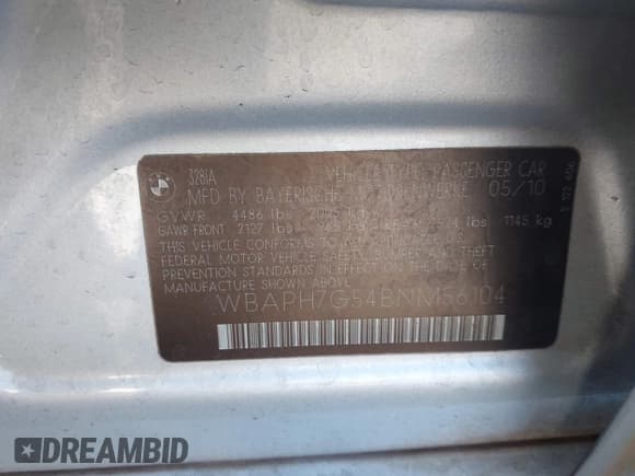 ✅ 2011 BMW 3 Series 328i • VIN: WBAPH7G54BNM56104 • Lot: 43570008. Listed on IAAI with 178,275 mi. Free auction sales archive from the USA and detailed vehicle history report at DreamBid. Image 9.