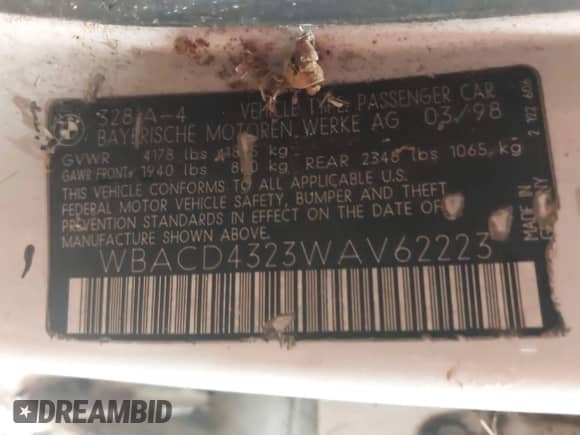 1998 BMW 3 Series 328i with VIN WBACD4323WAV62223, listed as a IAAI auction lot 42217700 with 197,482 mi miles and . Bid and sale history available at DreamBid. Image 9.