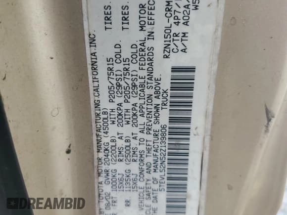 ✅ 2002 Toyota Tacoma • VIN: 5TEVL52N52Z139806 • Lot: 82001525. Wystawiony na Copart z przebiegiem 260 062 mil. Bezpłatny archiwum sprzedaży aukcyjnych z USA i szczegółowy raport historii pojazdu na DreamBid. Zdjęcie 12.