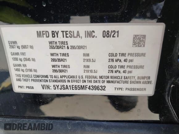✅ 2021 Tesla Model S Plaid • VIN: 5YJSA1E65MF439632 • Lot: 43166263. Listed on IAAI with 38,565 mi. Free auction sales archive from the USA and detailed vehicle history report at DreamBid. Image 9.