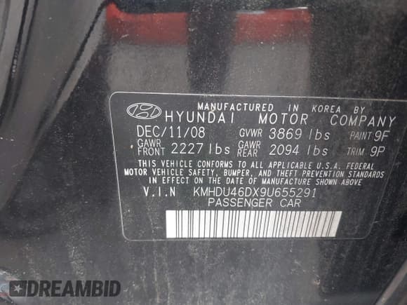 ✅ 2009 Hyundai Elantra GLS • VIN: KMHDU46DX9U655291 • Лот: 42666119. Опубликован ранее на IAAI с пробегом 187 080 миль. Бесплатный доступ к архиву аукционных продаж из США и подробный отчёт об истории автомобиля на DreamBid. Изображение 9.