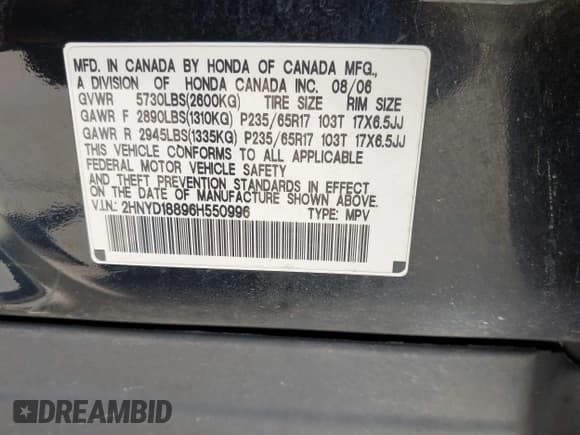 ✅ 2006 Acura MDX Touring • VIN: 2HNYD18896H550996 • Lot: 42923656. Listed on IAAI with 278,577 mi. Free auction sales archive from the USA and detailed vehicle history report at DreamBid. Image 9.