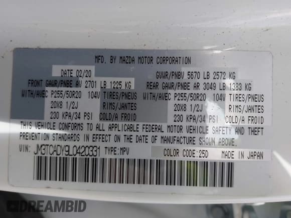 ✅ 2020 Mazda CX-9 Grand Touring • VIN: JM3TCADY9L0420331 • Lot: 41539446. Listed on IAAI with 93,959 mi. Free auction sales archive from the USA and detailed vehicle history report at DreamBid. Image 9.