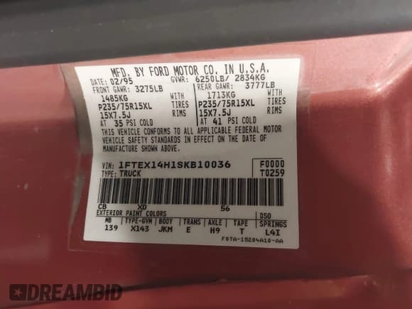 ✅ 1995 Ford F-150 • VIN: 1FTEX14H1SKB10036 • Lot: 41854007. Wystawiony na IAAI z przebiegiem Nie podano. Bezpłatny archiwum sprzedaży aukcyjnych z USA i szczegółowy raport historii pojazdu na DreamBid. Zdjęcie 9.