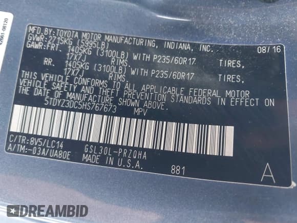 ✅ 2017 Toyota Sienna XLE Premium • VIN: 5TDYZ3DC5HS767673 • Lot: 43816188. Listed on IAAI with 126,788 mi. Free auction sales archive from the USA and detailed vehicle history report at DreamBid. Image 9.