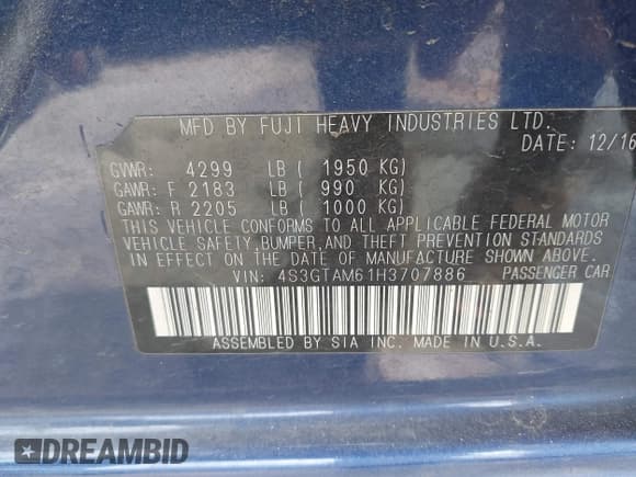 ✅ 2017 Subaru Impreza Special Sports • VIN: 4S3GTAM61H3707886 • Lot: 42173151. Listed on IAAI with 79,799 mi. Free auction sales archive from the USA and detailed vehicle history report at DreamBid. Image 9.