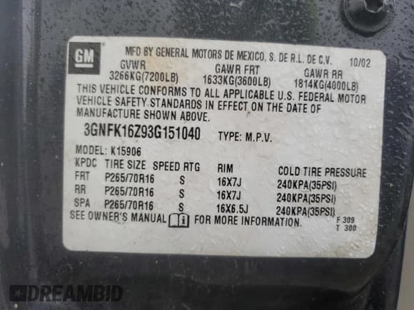 ✅ 2003 Chevrolet Suburban LT • VIN: 3GNFK16Z93G151040 • Lot: 58938435. Listed on Copart with 312,447 mi. Free auction sales archive from the USA and detailed vehicle history report at DreamBid. Image 13.