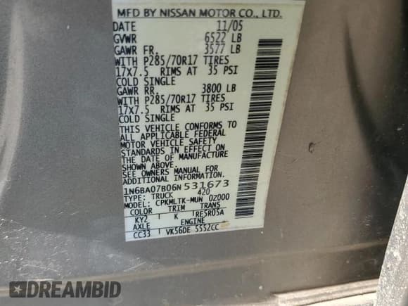 ✅ 2006 Nissan Titan LE • VIN: 1N6BA07B06N531673 • Lot: 80285005. Wystawiony na Copart z przebiegiem 9 408 705 mil. Bezpłatny archiwum sprzedaży aukcyjnych z USA i szczegółowy raport historii pojazdu na DreamBid. Zdjęcie 12.