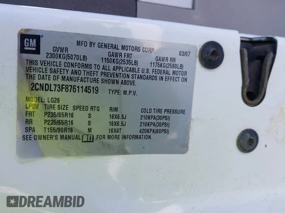 ✅ 2007 Chevrolet Equinox LT • VIN: 2CNDL73F876114519 • Lot: 41403896. Listed on IAAI with Not provided. Free auction sales archive from the USA and detailed vehicle history report at DreamBid. Image 9.