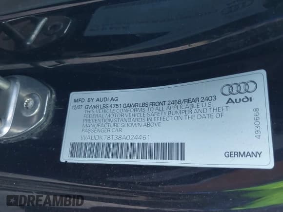 ✅ 2008 Audi A5 • VIN: WAUDK78T38A024461 • Лот: 40614502. Опубликован ранее на IAAI с пробегом 137 973 миль. Бесплатный доступ к архиву аукционных продаж из США и подробный отчёт об истории автомобиля на DreamBid. Изображение 9.