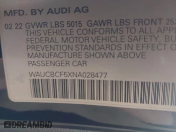 ✅ 2022 Audi A5 Sportback Premium Plus • VIN: WAUCBCF5XNA028477 • Lot: 42480239. Wystawiony na IAAI z przebiegiem 22 449 mil. Bezpłatny archiwum sprzedaży aukcyjnych z USA i szczegółowy raport historii pojazdu na DreamBid. Zdjęcie 9.