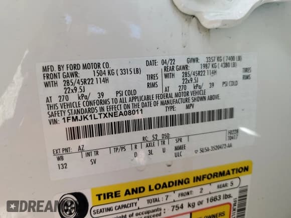 ✅ 2022 Ford Expedition Max Platinum • VIN: 1FMJK1LTXNEA08011 • Lot: 47291145. Wystawiony na Copart z przebiegiem 57 095 mil. Bezpłatny archiwum sprzedaży aukcyjnych z USA i szczegółowy raport historii pojazdu na DreamBid. Zdjęcie 14.