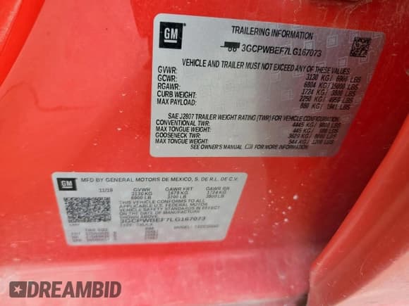 ✅ 2020 Chevrolet Silverado 1500 Custom • VIN: 3GCPWBEF7LG167073 • Lot: 59746955. Wystawiony na Copart z przebiegiem 188 042 mil. Bezpłatny archiwum sprzedaży aukcyjnych z USA i szczegółowy raport historii pojazdu na DreamBid. Zdjęcie 12.