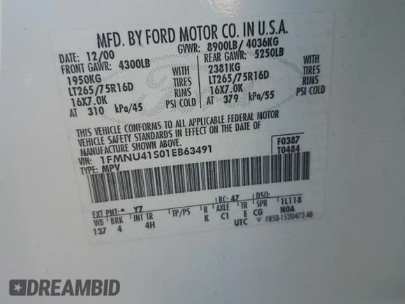 ✅ 2001 Ford Excursion XLT • VIN: 1FMNU41S01EB63491 • Lot: 84339945. Wystawiony na Copart z przebiegiem 197 055 mil. Bezpłatny archiwum sprzedaży aukcyjnych z USA i szczegółowy raport historii pojazdu na DreamBid. Zdjęcie 13.