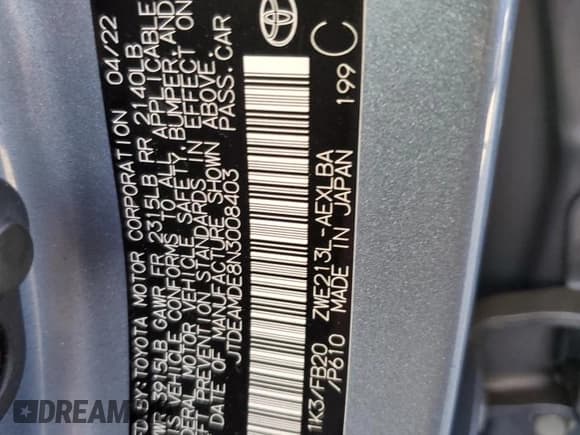 ✅ 2022 Toyota Corolla Hybrid LE • VIN: JTDEAMDE8N3008403 • Lot: 82450115. Wystawiony na Copart z przebiegiem 122 011 mil. Bezpłatny archiwum sprzedaży aukcyjnych z USA i szczegółowy raport historii pojazdu na DreamBid. Zdjęcie 12.