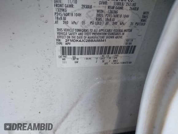 ✅ 2011 Ford Edge SEL • VIN: 2FMDK4JC2BBA58541 • Lot: 43786686. Listed on IAAI with Not provided. Free auction sales archive from the USA and detailed vehicle history report at DreamBid. Image 9.