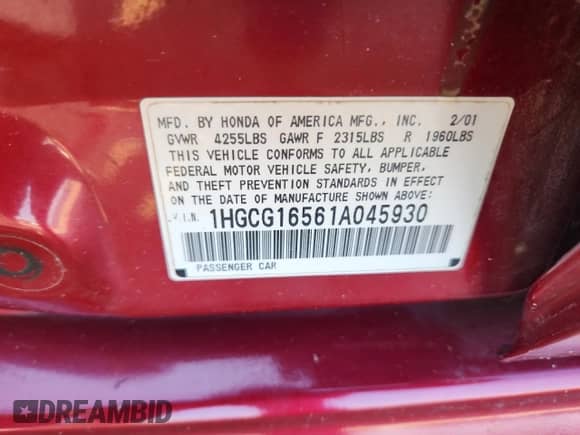 2001 Honda Accord EX с VIN 1HGCG16561A045930, выставлен на аукционе Copart как лот 71615505 с пробегом 145 210 миль миль и Списание • Salvage title. История ставок и продаж доступна на DreamBid. Изображение 13.