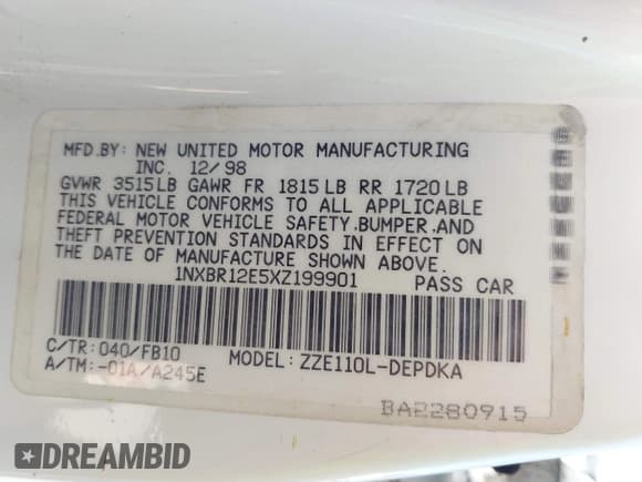 ✅ 1999 Toyota Corolla VE • VIN: 1NXBR12E5XZ199901 • Lot: 42769569. Listed on IAAI with 82,611 mi. Free auction sales archive from the USA and detailed vehicle history report at DreamBid. Image 9.