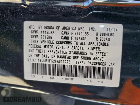 ✅ 2015 Acura TLX Technology • VIN: 19UUB1F52FA010778 • Lot: 95359815. Listed on Copart with 165,284 mi. Free auction sales archive from the USA and detailed vehicle history report at DreamBid. Image 12.