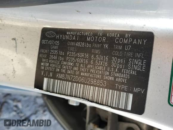 2006 Hyundai Tucson GLS with VIN KM8JN72D06U298853, listed as a Copart auction lot 80314274 with Not provided miles and Salvage title. Bid and sale history available at DreamBid. Image 15.