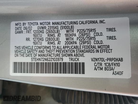 ✅ 2002 Toyota Tacoma • VIN: 5TEHN72N62Z103979 • Lot: 92504925. Listed on Copart with Not provided. Free auction sales archive from the USA and detailed vehicle history report at DreamBid. Image 12.