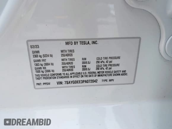 ✅ 2023 Tesla Model Y Long Range • VIN: 7SAYGDEE3PA072042 • Lot: 41795216. Listed on IAAI with 40,905 mi. Free auction sales archive from the USA and detailed vehicle history report at DreamBid. Image 9.