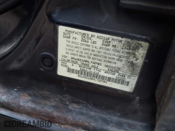 ✅ 2004 Nissan Sentra SE-R • VIN: 3N1AB51D84L732983 • Lot: 43754207. Listed on IAAI with 94,551 mi. Free auction sales archive from the USA and detailed vehicle history report at DreamBid. Image 9.