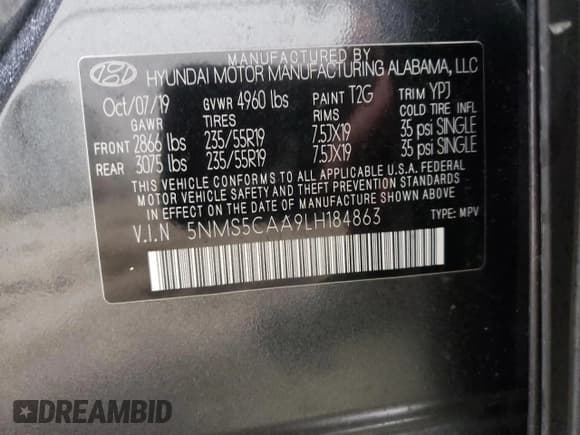 ✅ 2020 Hyundai Santa Fe Limited • VIN: 5NMS5CAA9LH184863 • Lot: 37679544. Wystawiony na Copart z przebiegiem 34 098 mil. Bezpłatny archiwum sprzedaży aukcyjnych z USA i szczegółowy raport historii pojazdu na DreamBid. Zdjęcie 14.