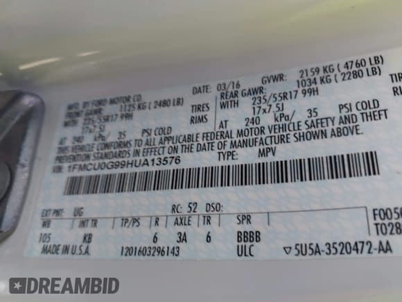 ✅ 2017 Ford Escape SE • VIN: 1FMCU0G99HUA13576 • Лот: 43248591. Опубликован ранее на IAAI с пробегом 97 390 миль. Бесплатный доступ к архиву аукционных продаж из США и подробный отчёт об истории автомобиля на DreamBid. Изображение 9.