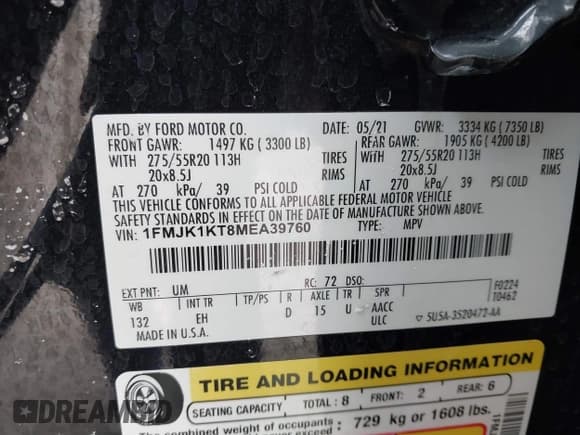 ✅ 2021 Ford Expedition Max Limited • VIN: 1FMJK1KT8MEA39760 • Lot: 41699513. Listed on IAAI with 125,894 mi. Free auction sales archive from the USA and detailed vehicle history report at DreamBid. Image 9.