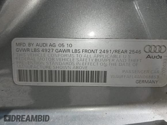 ✅ 2010 Audi A4 Premium Plus • VIN: WAUFFAFL4AN068853 • Lot: 42732585. Listed on IAAI with 119,245 mi. Free auction sales archive from the USA and detailed vehicle history report at DreamBid. Image 9.