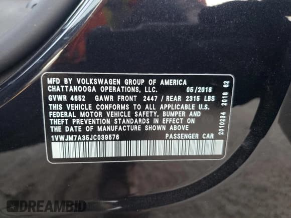 ✅ 2018 Volkswagen Passat GT • VIN: 1VWJM7A35JC039576 • Lot: 82126964. Listed on Copart with 44,390 mi. Free auction sales archive from the USA and detailed vehicle history report at DreamBid. Image 14.