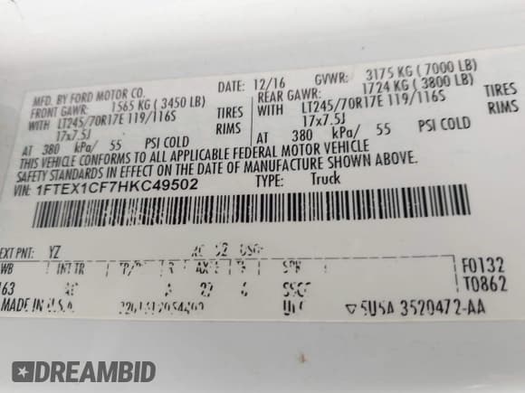 ✅ 2017 Ford F-150 XL • VIN: 1FTEX1CF7HKC49502 • Lot: 42229888. Listed on IAAI with Not provided. Free auction sales archive from the USA and detailed vehicle history report at DreamBid. Image 9.