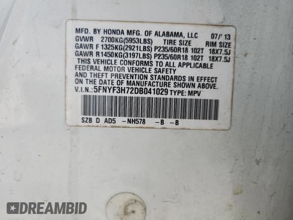 ✅ 2013 Honda Pilot EX-L • VIN: 5FNYF3H72DB041029 • Lot: 70650305. Listed on Copart with 182,389 mi. Free auction sales archive from the USA and detailed vehicle history report at DreamBid. Image 13.