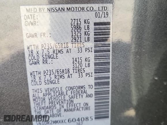 ✅ 2019 Nissan Pathfinder S • VIN: 5N1DR2MMXKC604085 • Лот: 84703505. Опубликован ранее на Copart с пробегом 102 500 миль. Бесплатный доступ к архиву аукционных продаж из США и подробный отчёт об истории автомобиля на DreamBid. Изображение 13.