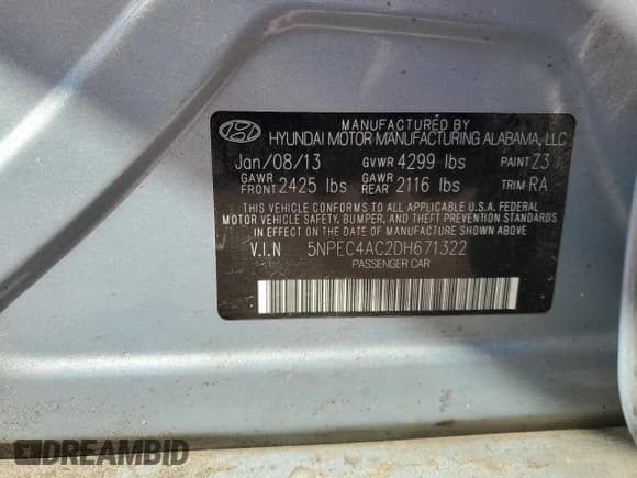 ✅ 2013 Hyundai Sonata SE • VIN: 5NPEC4AC2DH671322 • Lot: 66168114. Listed on Copart with 63,945 mi. Free auction sales archive from the USA and detailed vehicle history report at DreamBid. Image 12.