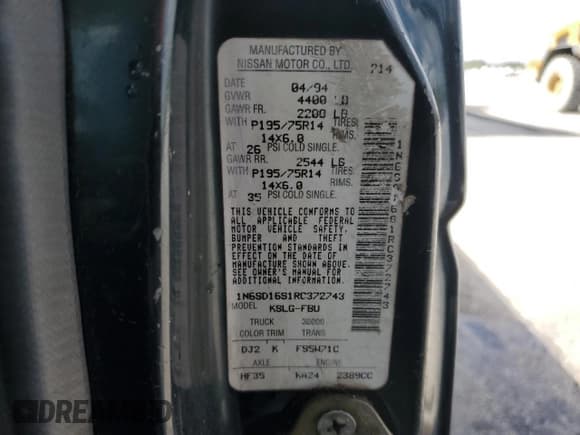 ✅ 1994 Nissan Frontier XE • VIN: 1N6SD16S1RC372743 • Lot: 54486495. Listed on Copart with 206,951 mi. Free auction sales archive from the USA and detailed vehicle history report at DreamBid. Image 12.