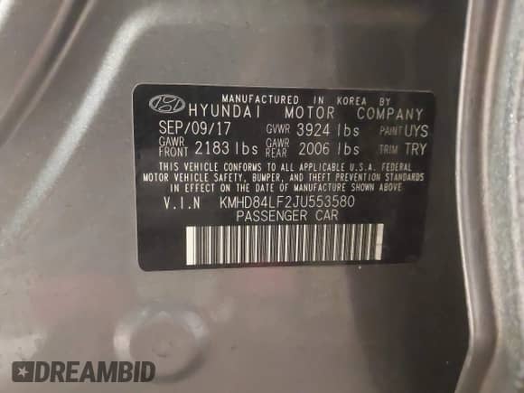 2018 Hyundai Elantra Value Edition with VIN KMHD84LF2JU553580, listed as a IAAI auction lot 41590384 with 61,589 mi miles and . Bid and sale history available at DreamBid. Image 9.