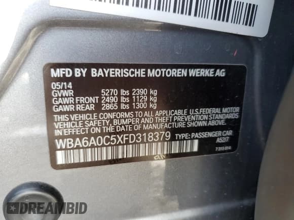 ✅ 2015 BMW 6 Series 640i • VIN: WBA6A0C5XFD318379 • Lot: 82624225. Wystawiony na Copart z przebiegiem 112 661 mil. Bezpłatny archiwum sprzedaży aukcyjnych z USA i szczegółowy raport historii pojazdu na DreamBid. Zdjęcie 12.