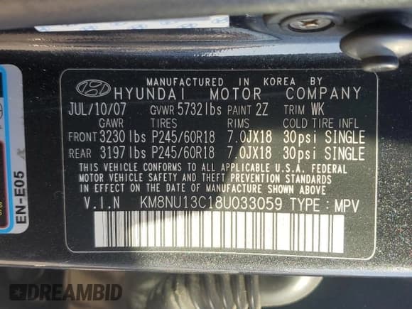 ✅ 2008 Hyundai Veracruz GLS • VIN: KM8NU13C18U033059 • Lot: 92432435. Listed on Copart with 212,086 mi. Free auction sales archive from the USA and detailed vehicle history report at DreamBid. Image 14.