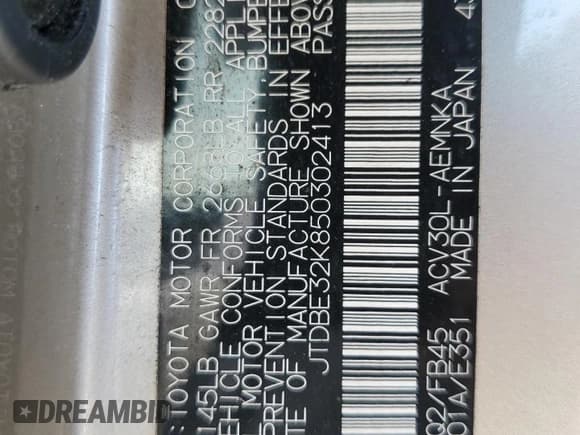 ✅ 2005 Toyota Camry STD • VIN: JTDBE32K850302413 • Lot: 60884445. Listed on Copart with 342,219 mi. Free auction sales archive from the USA and detailed vehicle history report at DreamBid. Image 12.