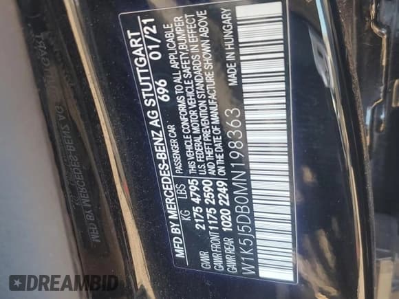 ✅ 2021 Mercedes-Benz CLA 45 AMG • VIN: W1K5J5DB0MN198363 • Lot: 71433915. Listed on Copart with Not provided. Free auction sales archive from the USA and detailed vehicle history report at DreamBid. Image 13.